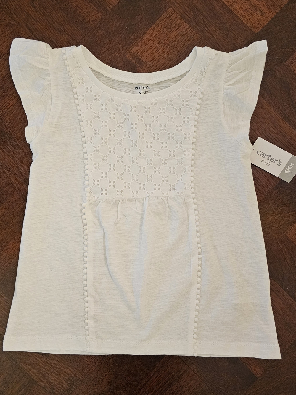 Carter's Girls White Eyelet Pom-Pom Flutter Sleeve Tee 6/6X